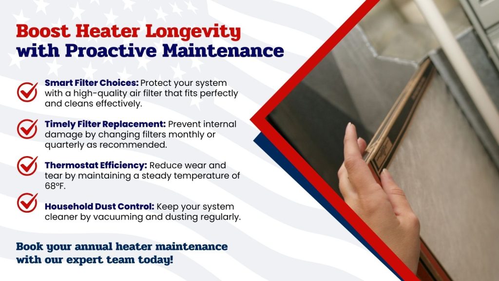 This is an image of an HVAC tech changing a furnace air filter. The headline reads; Boost heater longevity with proactive maintenance.