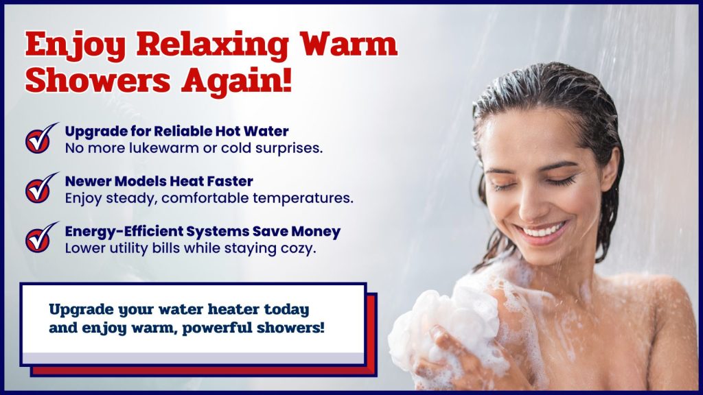 This is an image of a women enjoying a warm shower. The headline reads; Enjoy relaxing warm showers agian!